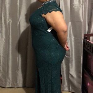 Glitter Lace Mermaid Gown with Gem Neckline